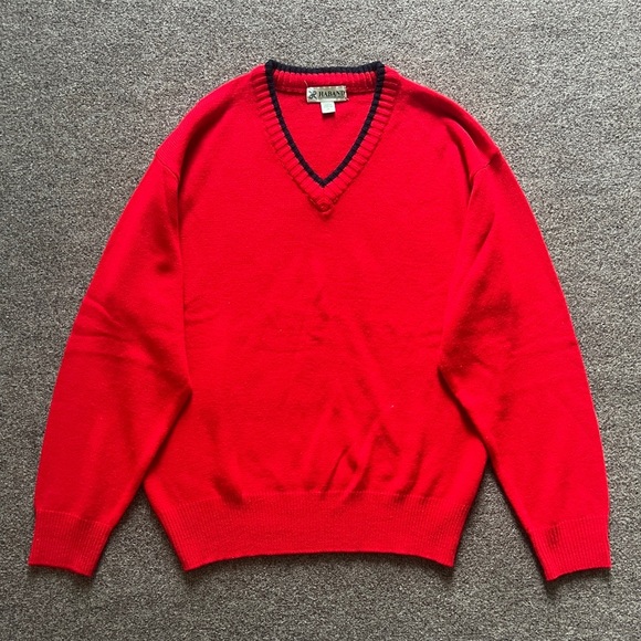 Vintage Haband Red V Neck Knit Long Sleeve Pullover Sweater Navy Trim Men’s XL - Picture 1 of 13